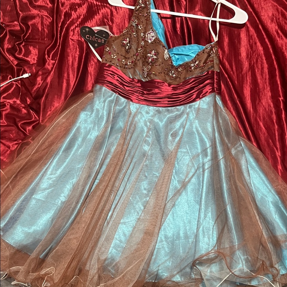 Chicas One Shoulder Blue and Brown Dress